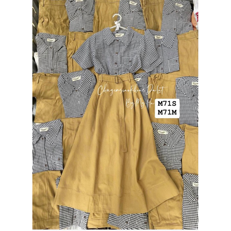 SET ÁO SƠ MI CARO - CHÂN VÁY MIDI NÂU