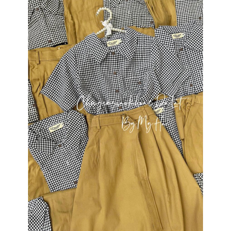 SET ÁO SƠ MI CARO - CHÂN VÁY MIDI NÂU