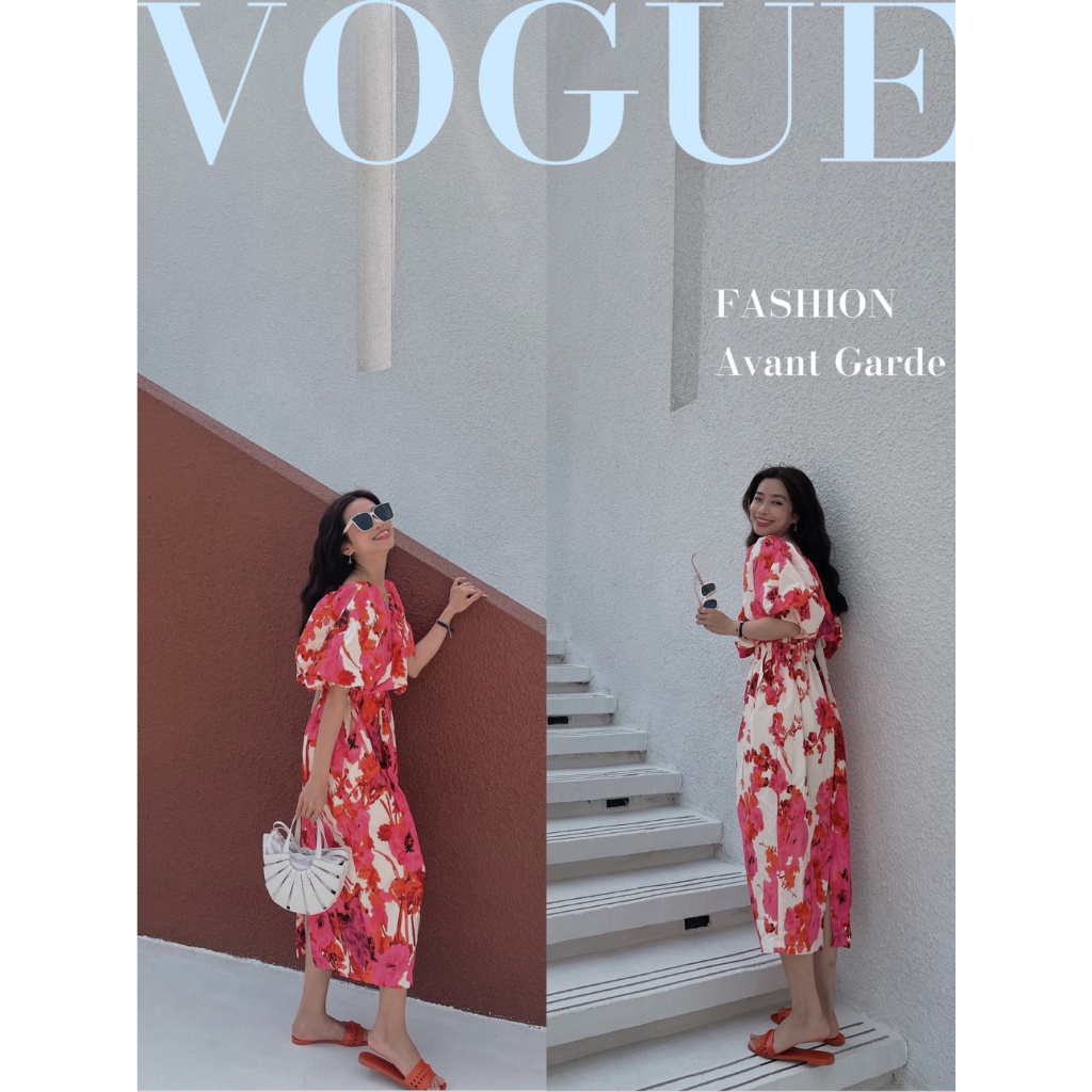 Váy maxi trễ vai hoạ tiết tông hồng sang chảnh - MS176