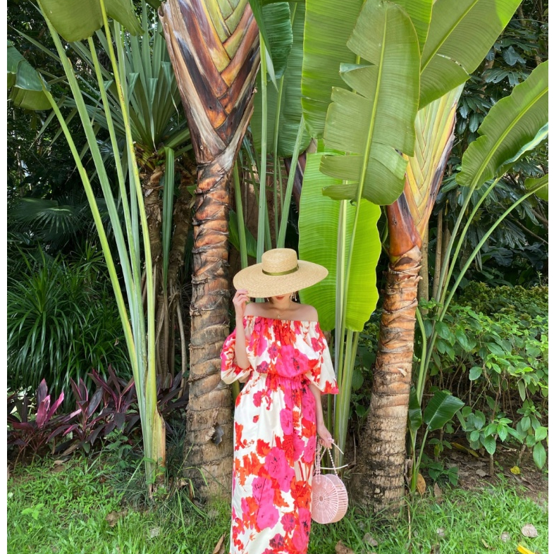 Váy maxi trễ vai hoạ tiết tông hồng sang chảnh - MS176