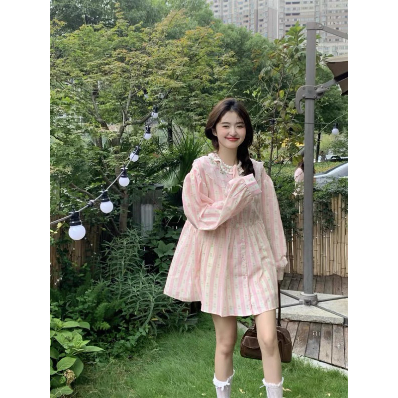 Đầm baby doll dài tay sọc hồng