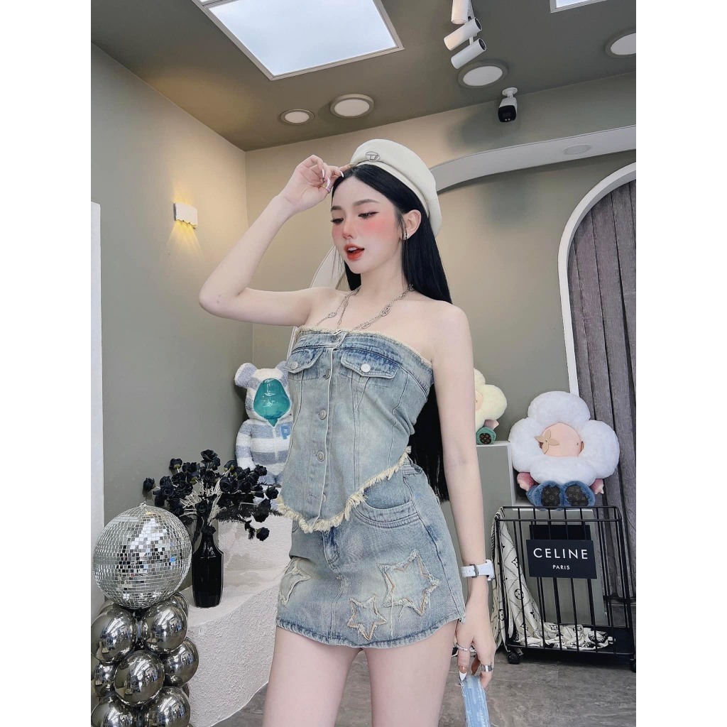 Set áo quây tôn dáng quyến rũ mix chân váy sao chất denim cao cấp phong cách hiện đại cá tính