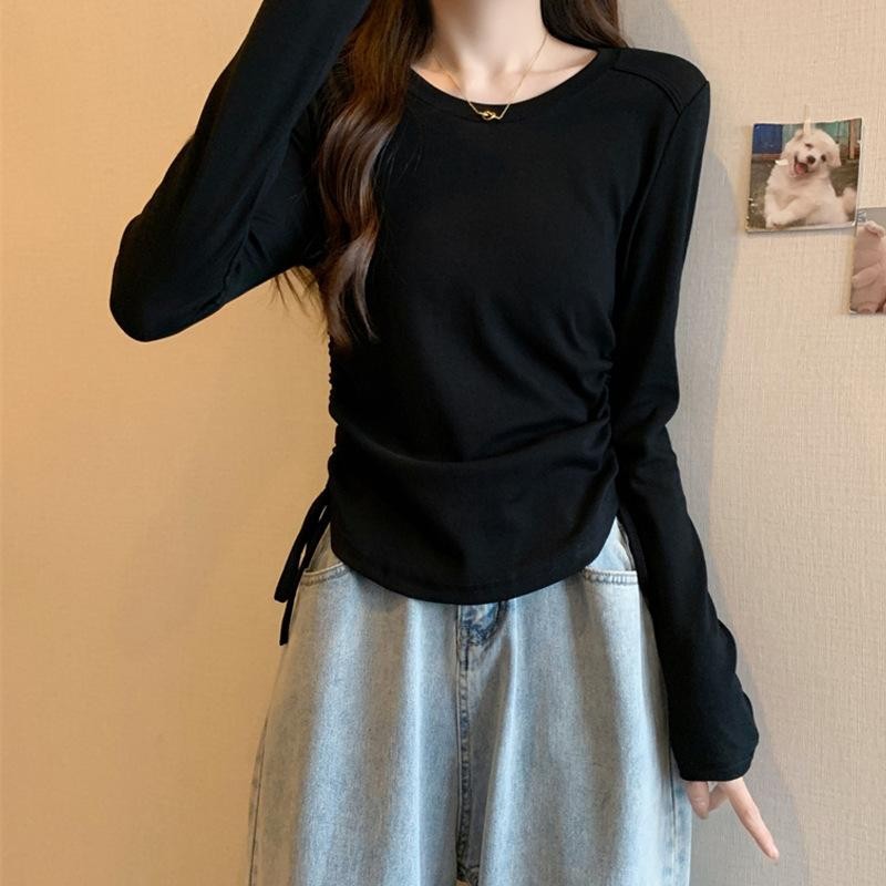 Áo thun kiểu tay dài rút dây hai bên vạt bầu siêu xinh Michi, áo len tăm nữ rút dây hai bên - HYE