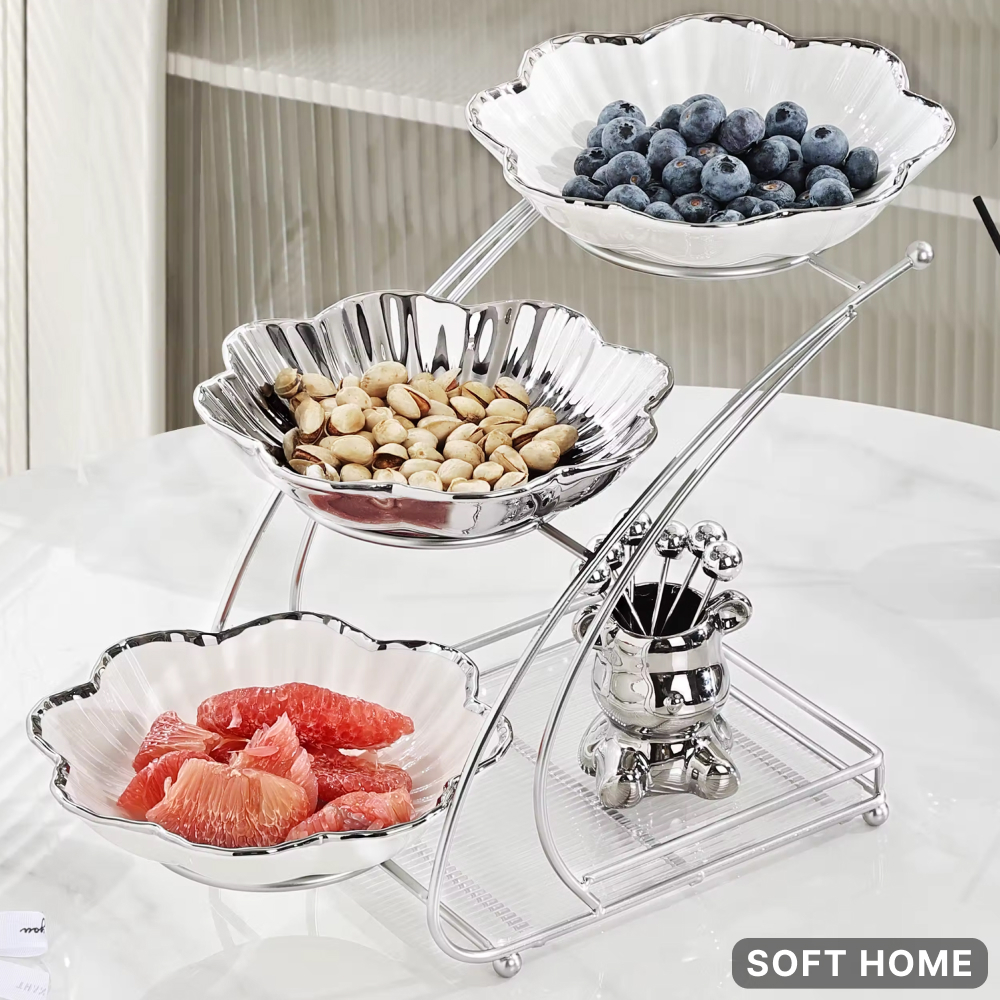 Đĩa sứ 3 tầng kèm dĩa ăn hoa quả, khay đựng đồ ăn trái cây phòng khách gia đình - SOFTHOME 7