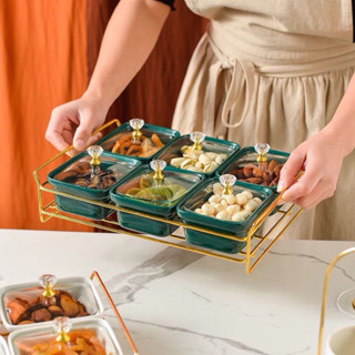  Khay đựng mứt tết bánh kẹo gốm sứ 6 hũ nắp kính khung vàng màu xanh trắng 