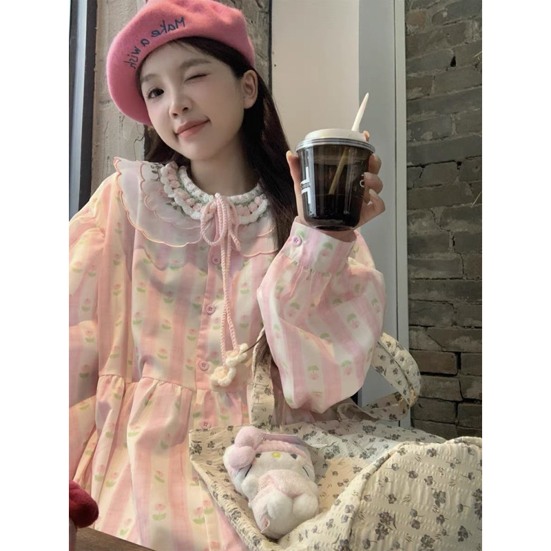 Đầm baby doll dài tay sọc hồng