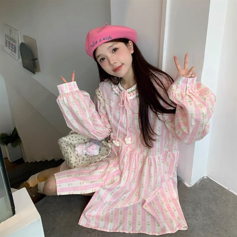 Đầm baby doll dài tay sọc hồng