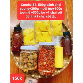 Combo 34: 500g bánh tráng phơi sương+200g muối tép hành phi+100g top mỡ+ 500g bơ + 1 chai sốt tắc+1 chai sốt ớt rim