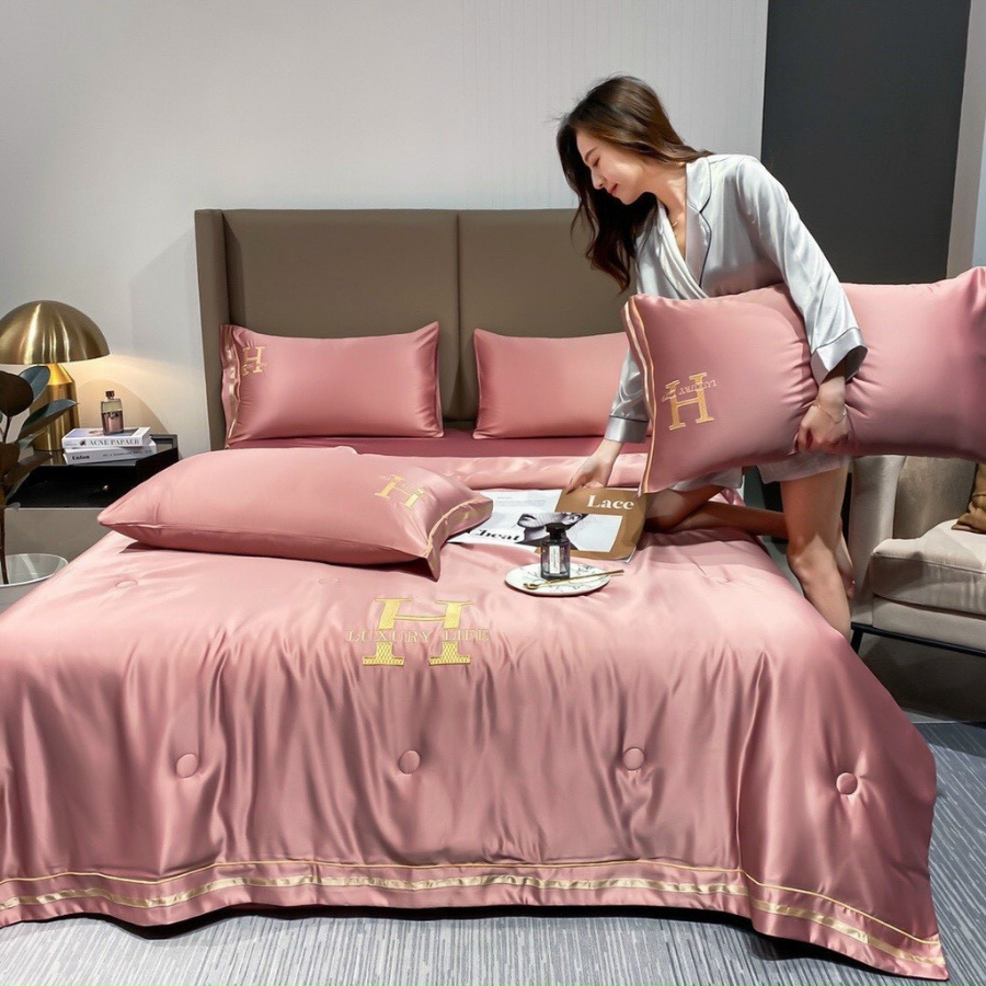 Bộ chăn ga gối lụa chữ H chăn trần bông, bộ ga giường lụa cao cấp 4 món ga phủ bo chun,1m6 1m8 2mx2m 2m2