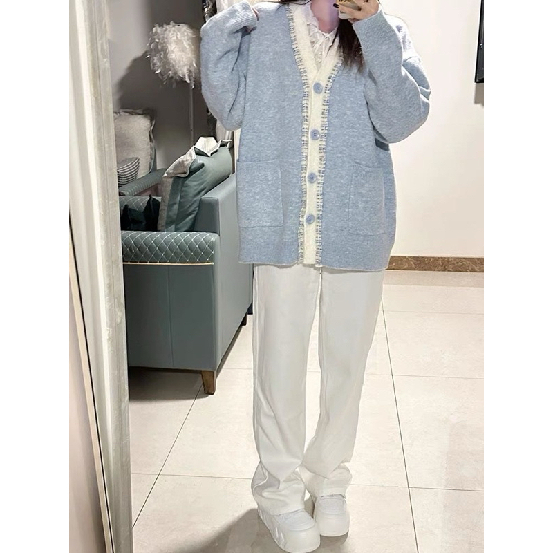 Áo khoác cadigan cổ V dệt kim màu xanh pastel, áo khoác nữ dáng dài from rộng có túi