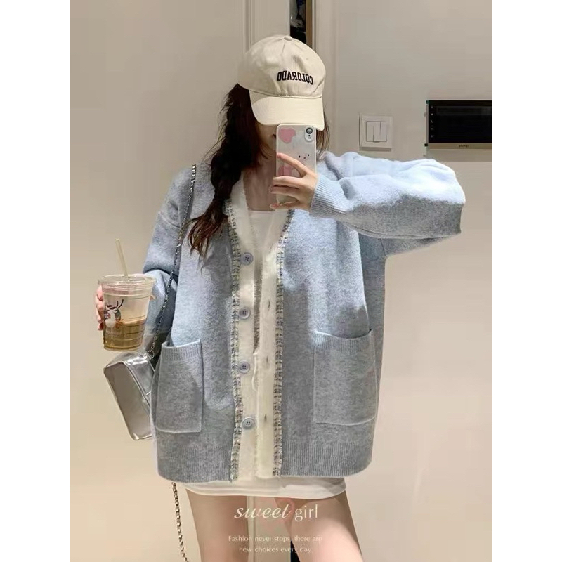 Áo khoác cadigan cổ V dệt kim màu xanh pastel, áo khoác nữ dáng dài from rộng có túi