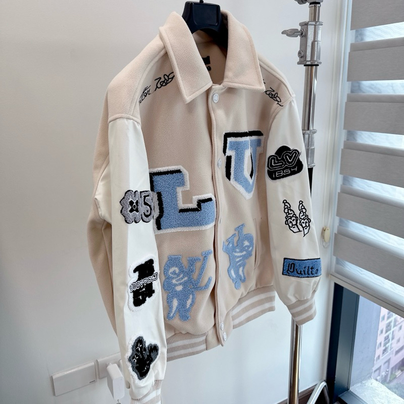 ⚡️ - Áo Khoác Luon Vuituoi Multi-Patches Mixed Leather Varsity Blouson Milky White, Áo varsity jacket LV