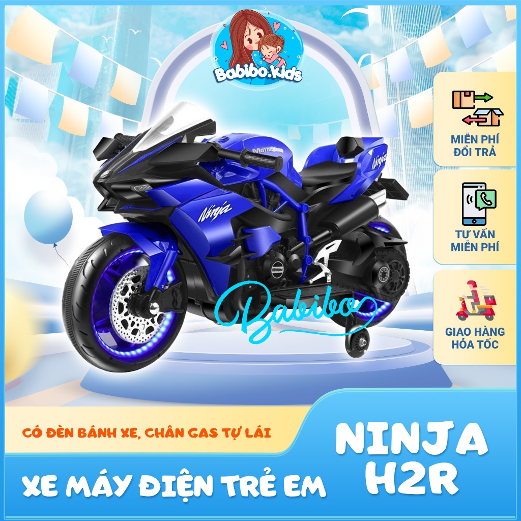 Xe máy điện trẻ em, moto điện có đèn bánh xe có chân gas tự lái cho bé mẫu Ninja H2r- Babibokids
