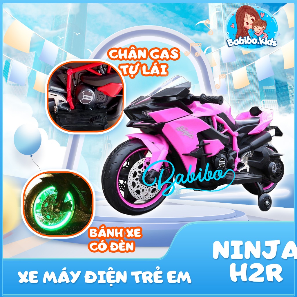 Xe máy điện trẻ em, moto điện có đèn bánh xe có chân gas tự lái cho bé mẫu Ninja H2r- Babibokids