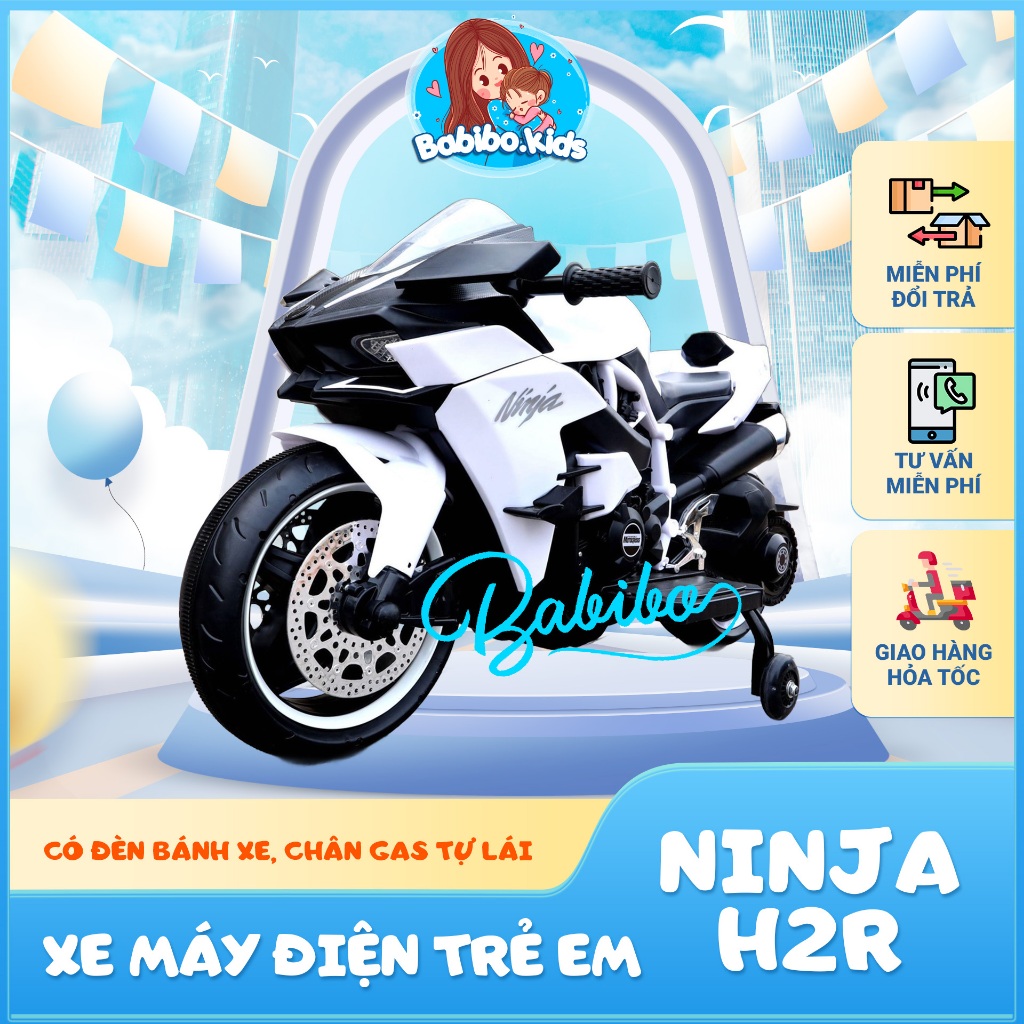 Xe máy điện trẻ em, moto điện có đèn bánh xe có chân gas tự lái cho bé mẫu Ninja H2r- Babibokids