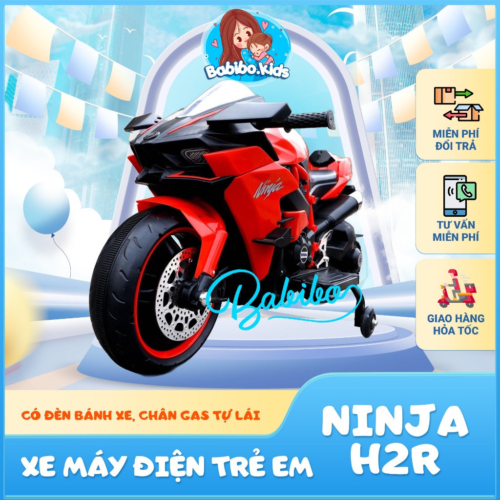 Xe máy điện trẻ em, moto điện có đèn bánh xe có chân gas tự lái cho bé mẫu Ninja H2r- Babibokids