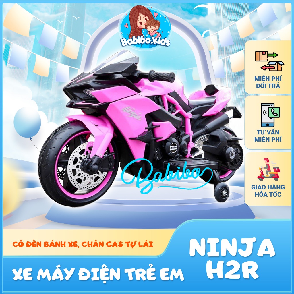Xe máy điện trẻ em, moto điện có đèn bánh xe có chân gas tự lái cho bé mẫu Ninja H2r- Babibokids