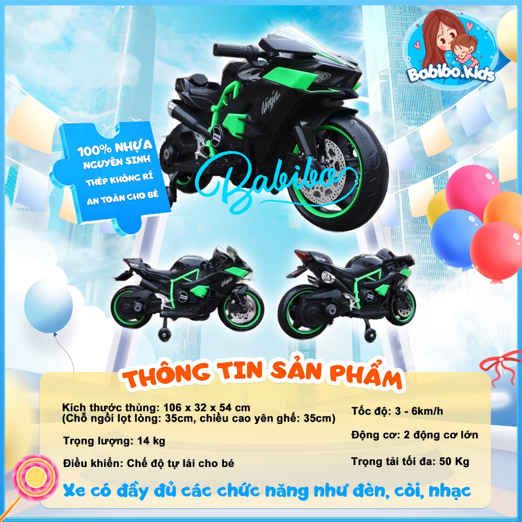Xe máy điện trẻ em, moto điện có đèn bánh xe có chân gas tự lái cho bé mẫu Ninja H2r- Babibokids