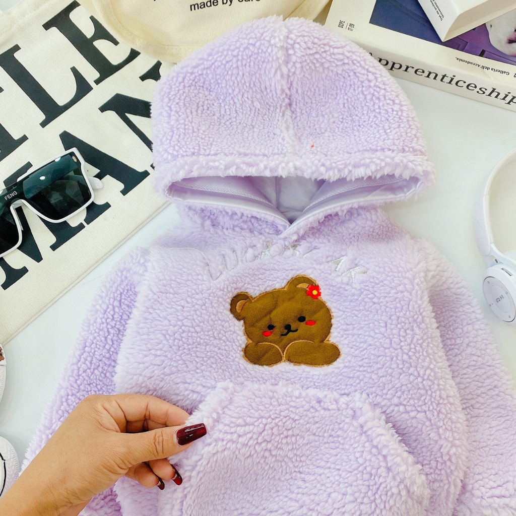Áo lông mũ hoodie thêu gấu cho bé