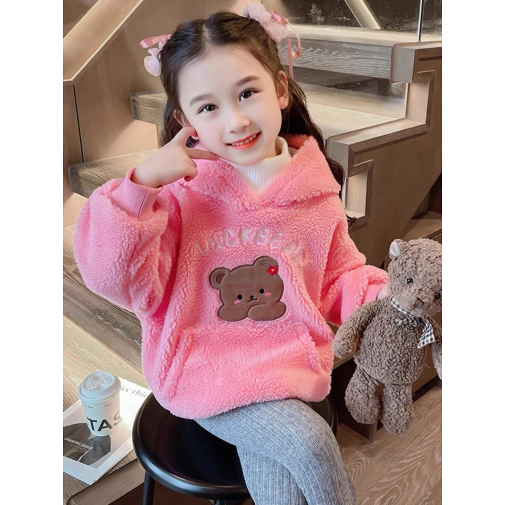 Áo lông mũ hoodie thêu gấu cho bé
