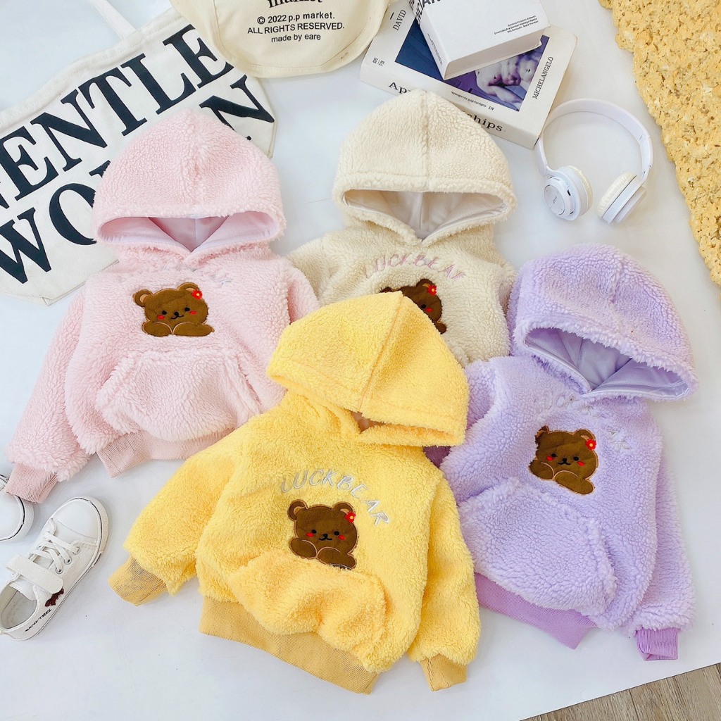 Áo lông mũ hoodie thêu gấu cho bé