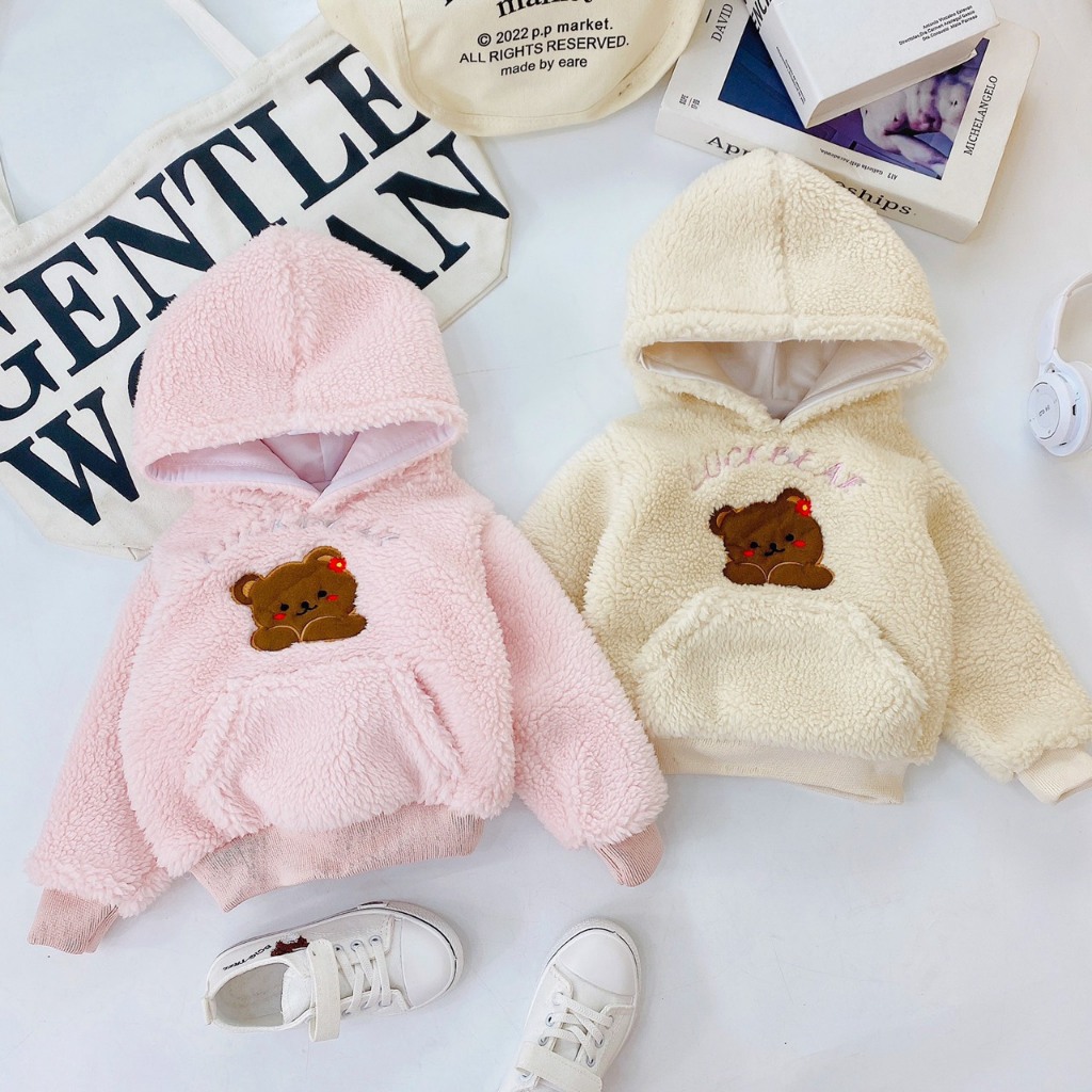 Áo lông mũ hoodie thêu gấu cho bé