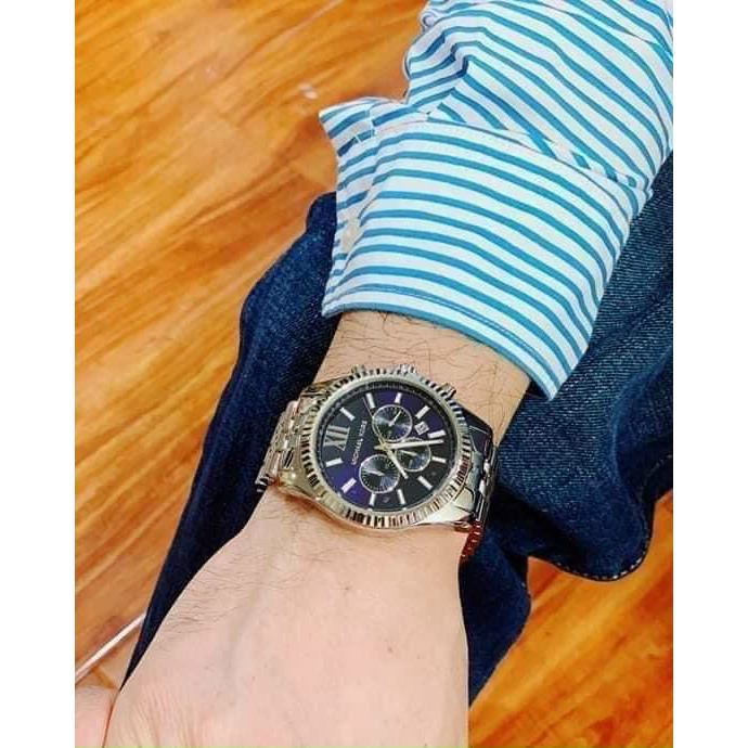 Đồng hồ Nam MCk 6kim mặt xanh vỏ trắng loại đẹp chạy pin máy nhật  dây dkim loại 43mm