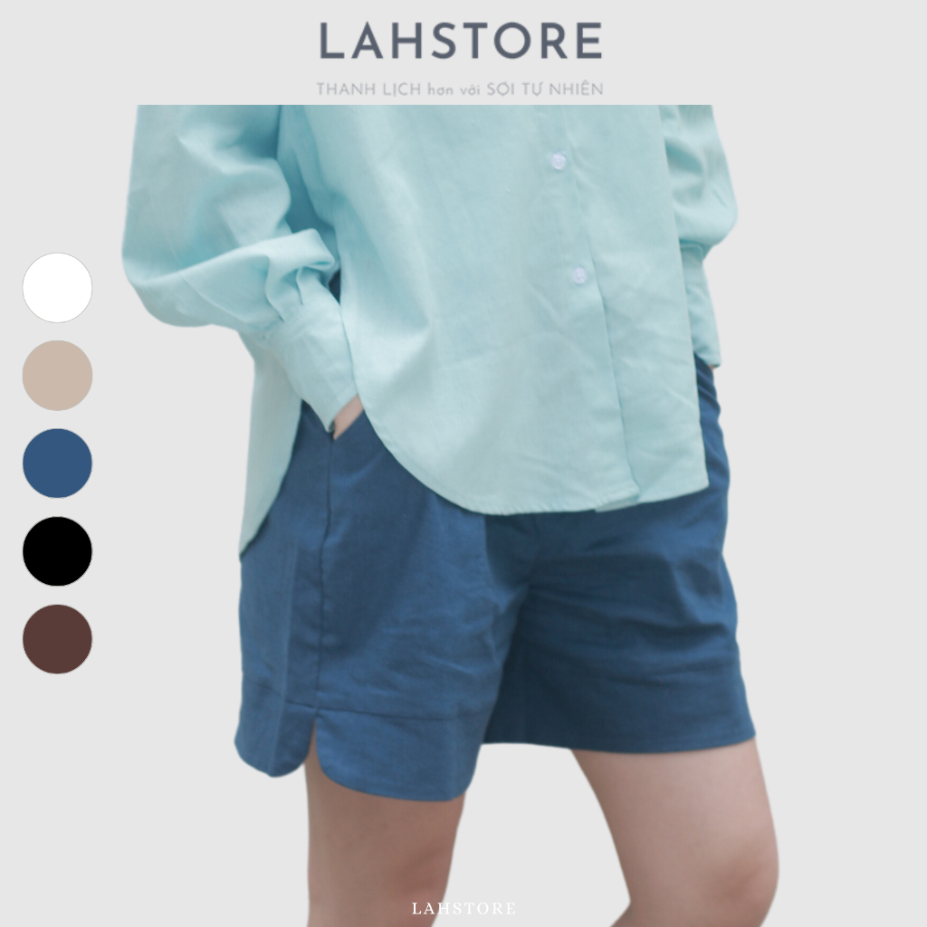 Quần short ống suông rộng vải linen LAHSTORE xẻ gấu, chun 2 bên eo (Xanh Đen, Nâu, Trắng, Đen, Be)