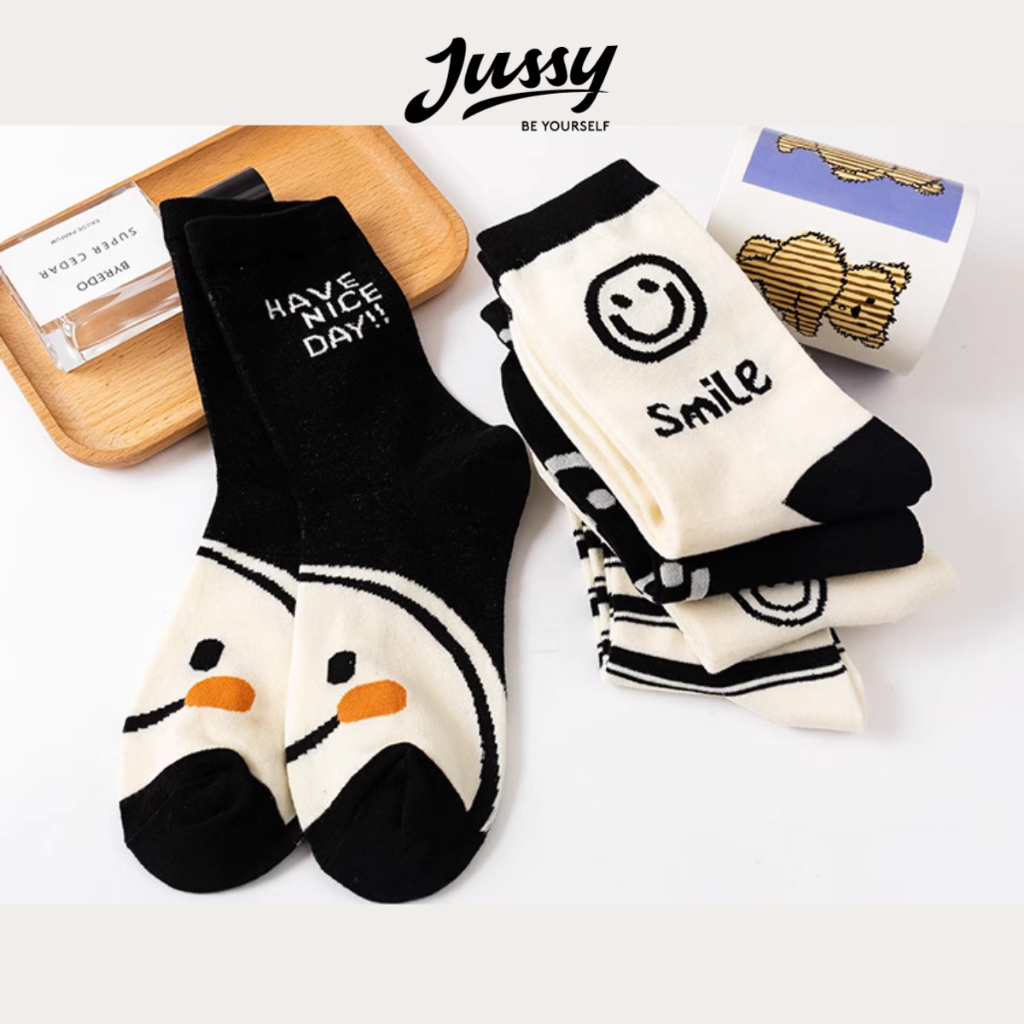 Set 5 Đôi Tất Cổ Cao Hình Mặt Cười Màu Đen Be Ngẫu Nhiên Jussy Official Tất Nam Nữ Chất Vải Cotton Co Giãn Khử Mùi