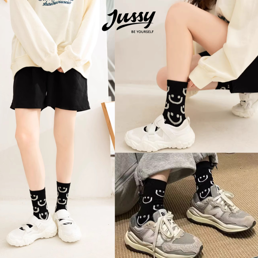Set 5 Đôi Tất Cổ Cao Hình Mặt Cười Màu Đen Be Ngẫu Nhiên Jussy Official Tất Nam Nữ Chất Vải Cotton Co Giãn Khử Mùi