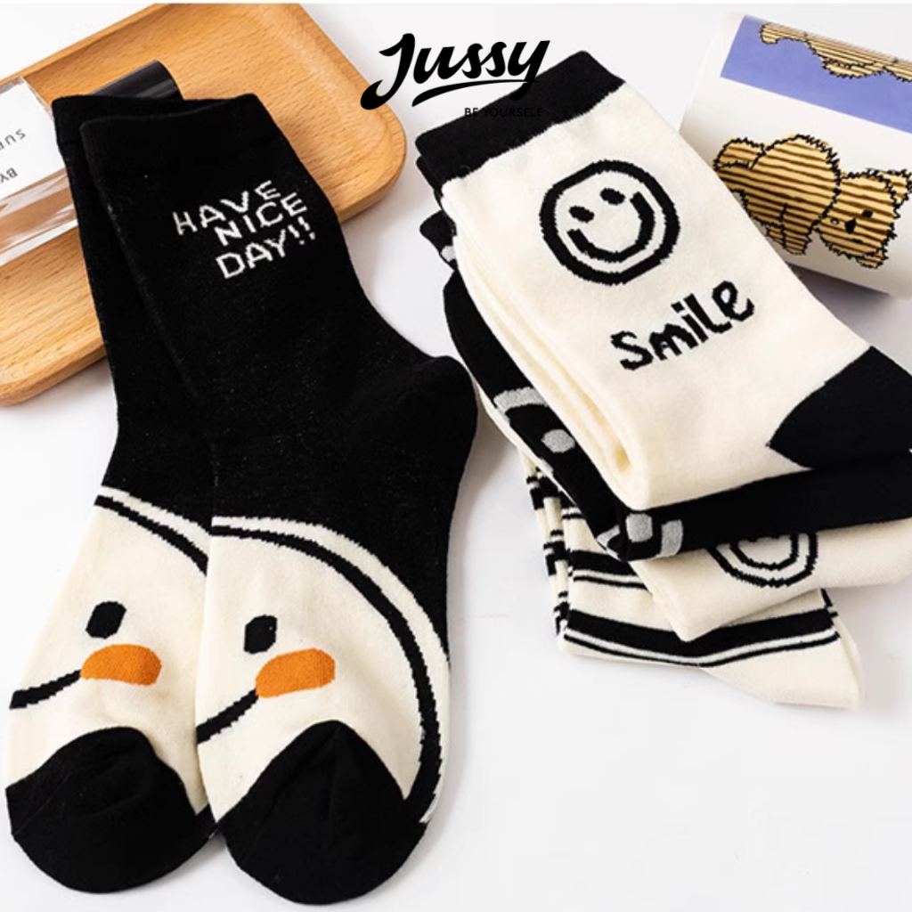 Set 5 Đôi Tất Cổ Cao Hình Mặt Cười Màu Đen Be Ngẫu Nhiên Jussy Official Tất Nam Nữ Chất Vải Cotton Co Giãn Khử Mùi
