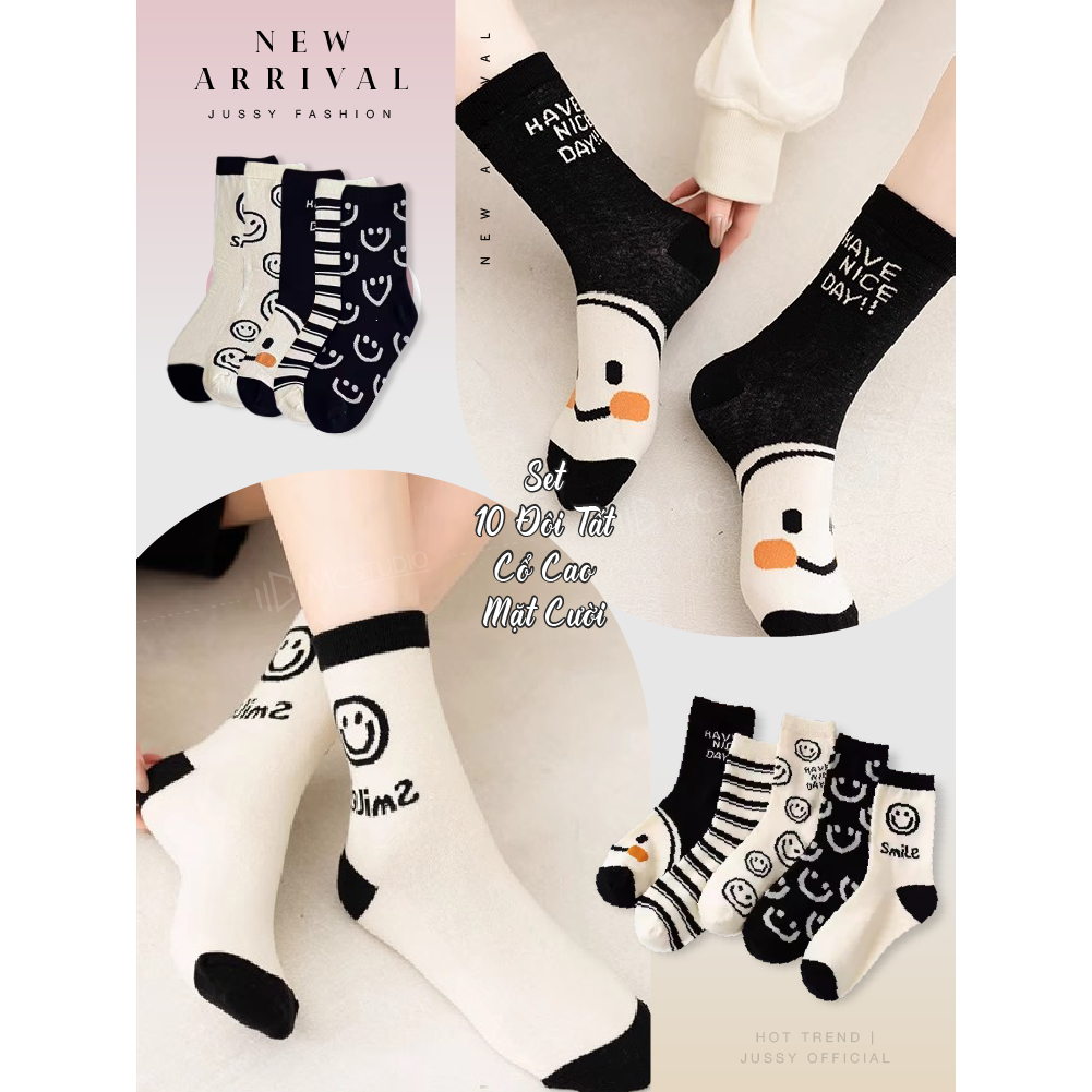 Set 5 Đôi Tất Cổ Cao Hình Mặt Cười Màu Đen Be Ngẫu Nhiên Jussy Official Tất Nam Nữ Chất Vải Cotton Co Giãn Khử Mùi
