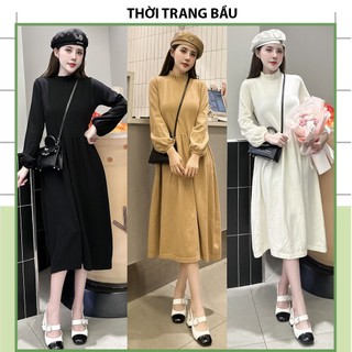 Đầm váy len mùa thu đông v600-đầm bầu babaydoll thiết kế dáng suông cổ 3 phân viền bèo xinh xán mặc đi làm , tiệc fresiz