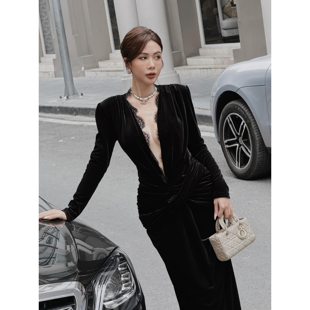 ❤️𝐐𝐔𝐈𝐍 𝐃𝐑𝐄𝐒𝐒 - 𝐀𝐒𝐇𝐘𝐋𝐄𝐘 ❤️ Đầm váy nữ xẻ ngực dài tay ôm sát, Váy body nhung sang chảnh quyến rũ thiết kế cao cấp LOẠI 1