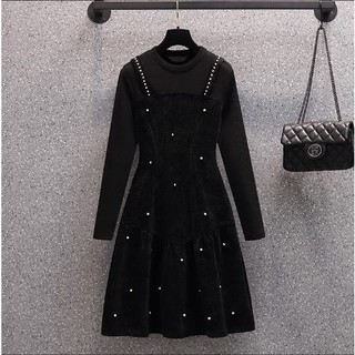 Váy Đầm Bigsize Nhung Tăm Cổ Phối Len Đính Cúc Ngọc  Đính Ngọc Tiểu Thư Nữ Tính🌸Hàng Quảng Châu