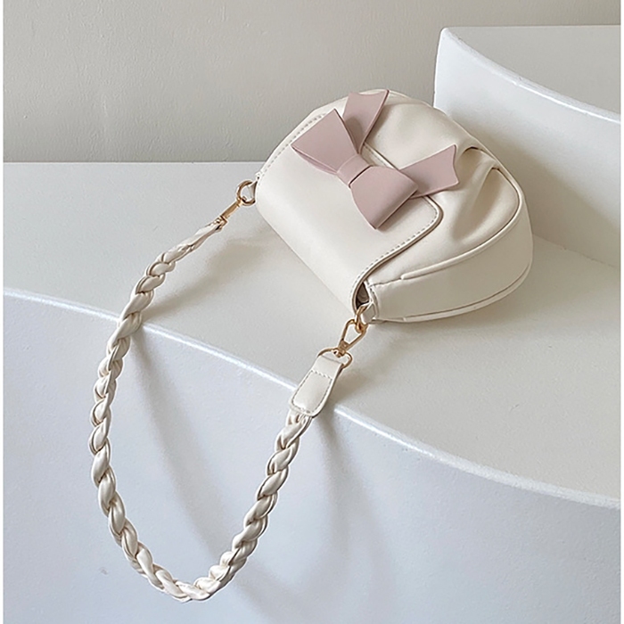 Túi xách đeo vai, đeo chéo màu trắng, có đính nơ xinh xắn, dây đeo bện - T052