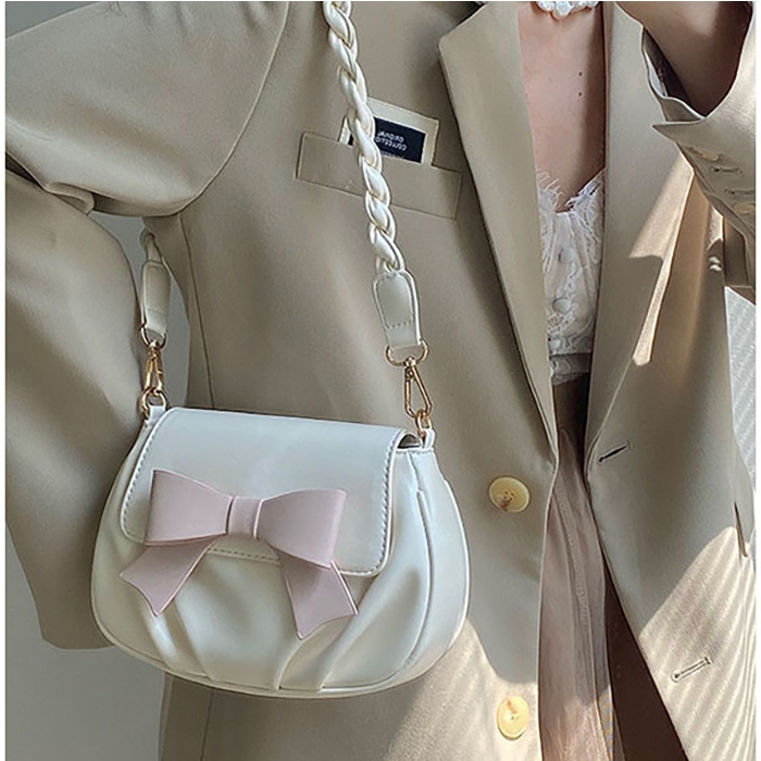 Túi xách đeo vai, đeo chéo màu trắng, có đính nơ xinh xắn, dây đeo bện - T052