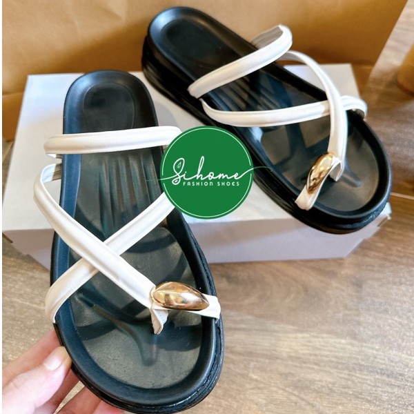 Dép lê nữ, dép nữ xỏ ngón đính khuy vàng đế bánh mỳ 5PH êm chân siêu nhẹ