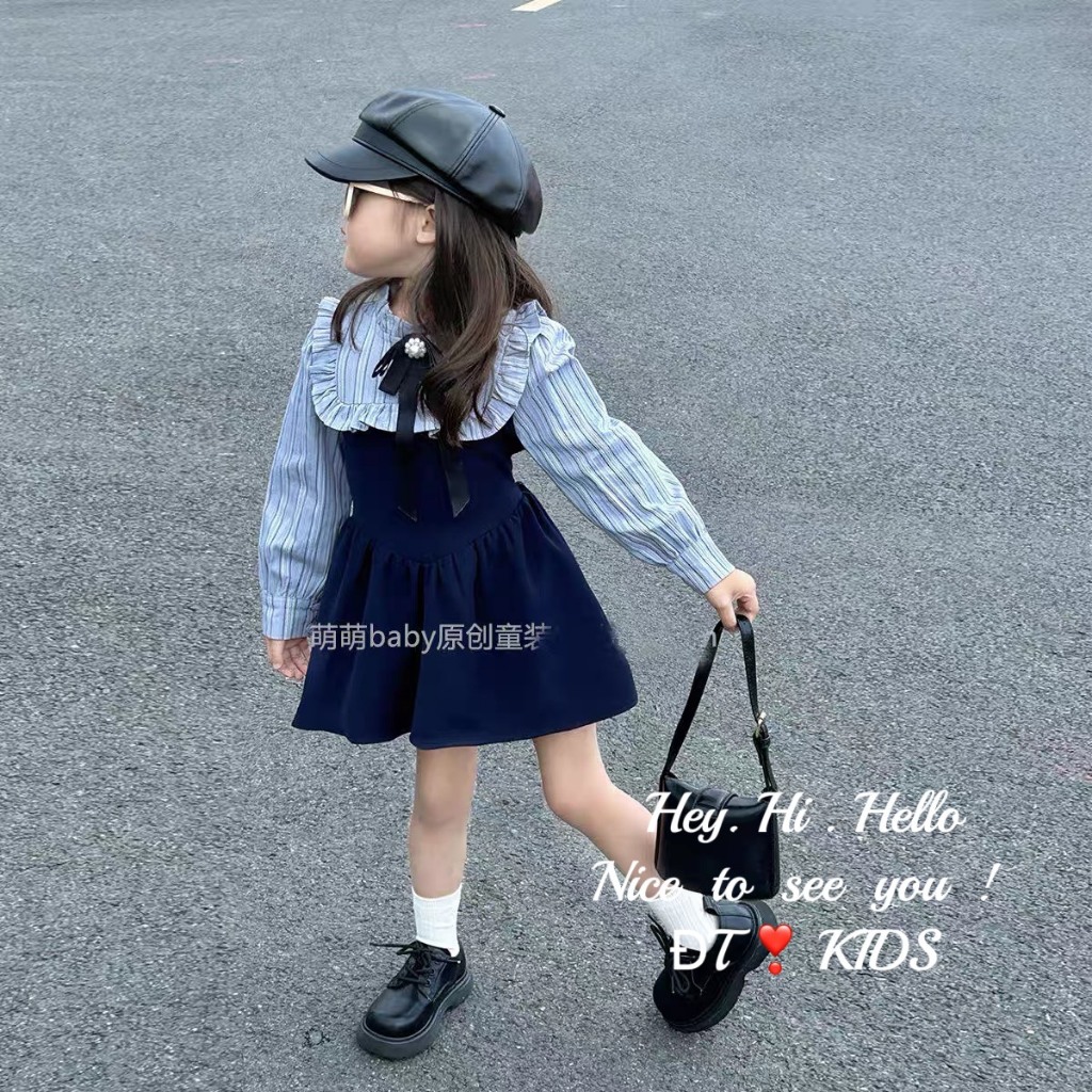 Váy bé gái - đầm tiểu thư phối màu may viền bèo đính nơ xinh cho bé mặc đi học, đi chơi