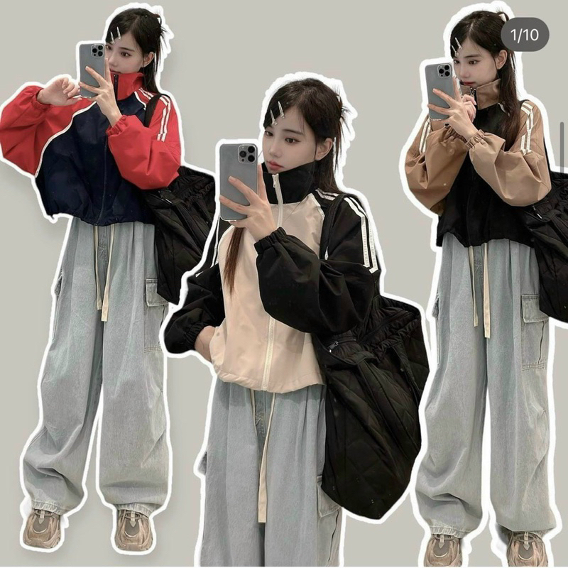 Áo Khoác Bomber Dù Croptop 2 Lớp Tay Bồng Cánh Dơi Trendy 2023