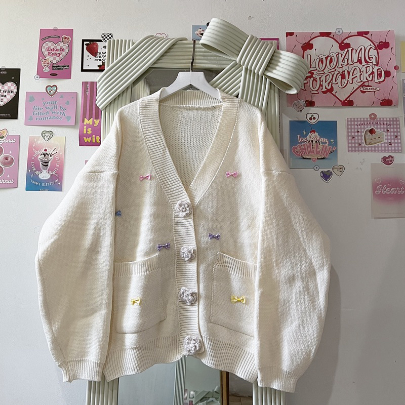 ÁO CARDIGAN NƠ MÀU CÚC HOA CHẤT LEN DỆT KIM