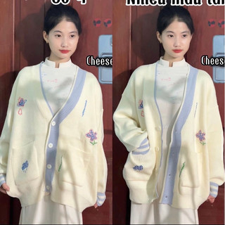 Áo cardigan trắng viền xanh chất len dệt kim