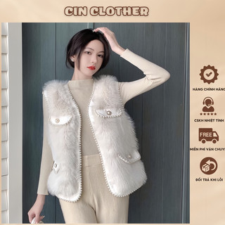 Áo Gile Lông Viền Ngọc 4 Túi, Áo Gile Lông Thỏ Sang Chảnh Khoác Ngoài Cho Nữ Hàng Quảng Châu Cao Loại 1