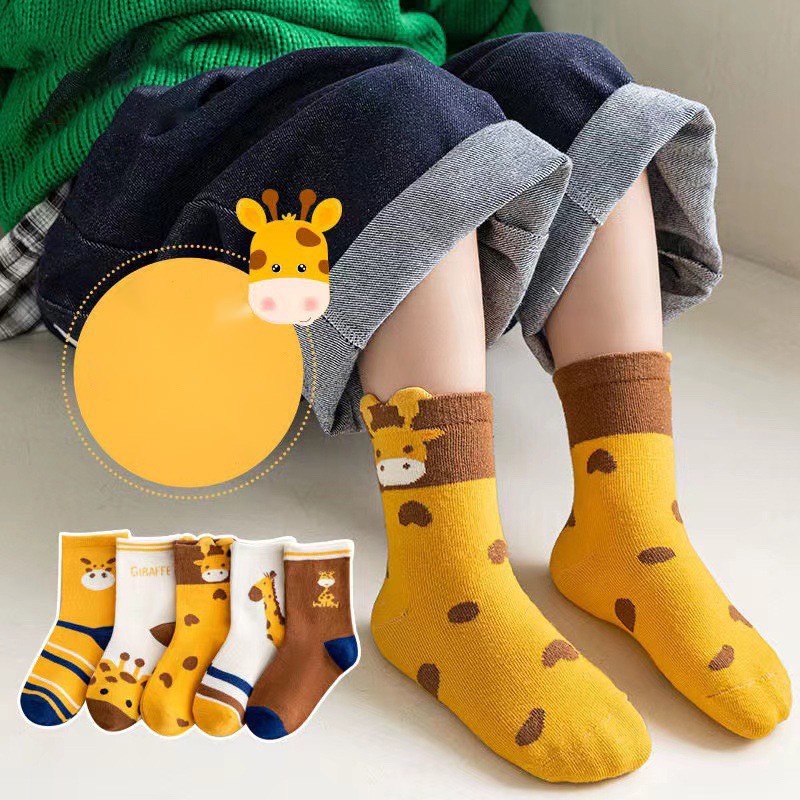 Set 5 Đôi Tất/ Vớ Cổ Cao Cotton Hình Hươu Cao Cổ Cho Bé Dễ Thương TE19