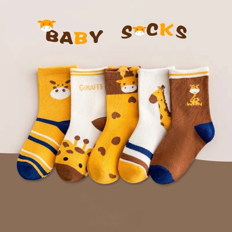 Set 5 Đôi Tất/ Vớ Cổ Cao Cotton Hình Hươu Cao Cổ Cho Bé Dễ Thương TE19