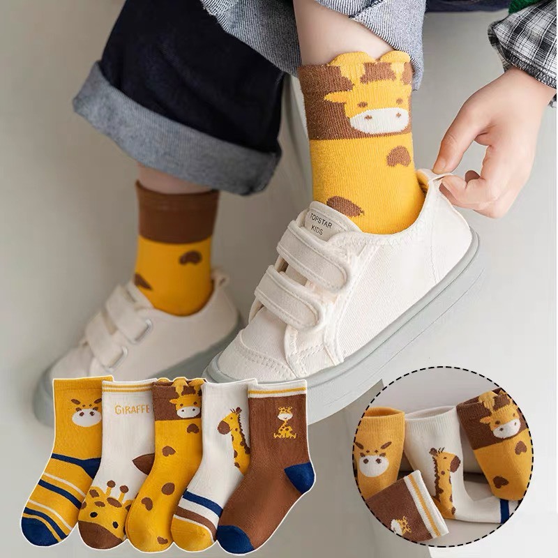 Set 5 Đôi Tất/ Vớ Cổ Cao Cotton Hình Hươu Cao Cổ Cho Bé Dễ Thương TE19