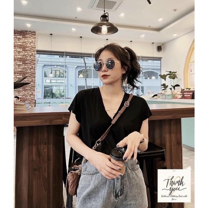 Áo thun cổ tim tay hến kiểu dáng basic thời trang thun lạnh co giãn tốt 2 màu trắng đen Thời Trang B.Y Tea Clothing