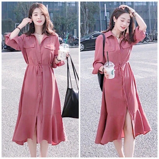 Đầm sơ mi, váy đuôi cá hồng ruốc túi hộp 4 màu (kèm hình thật)