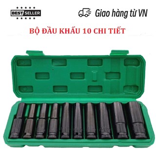 Bộ Khẩu 10 Món Đầu Tuýt Cao Cấp Dùng Cho Máy Siết Bulong Vặn Vít Chân 1/2, Kích Thước Từ 8-24mm