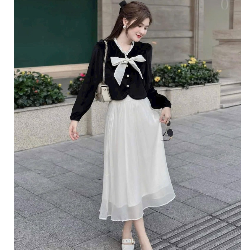 Sét đầm váy nữ áo kiểu tay dài, gài nút đính nơ mix chân váy xòe dài đậm chất tiểu thư dành cho các nàng đi tiệc xinh.
